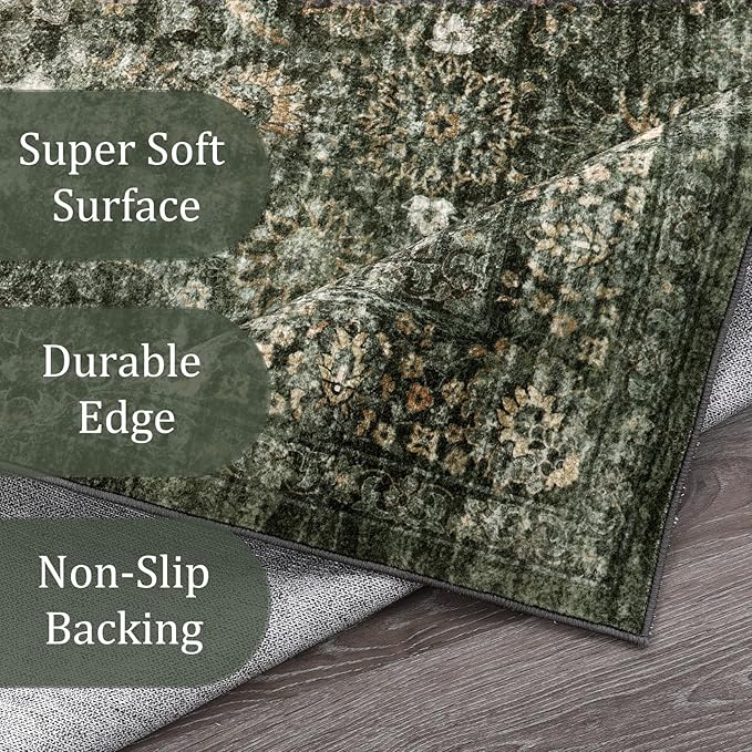 Morebes Vintage Carpet Runners for Hallway 12ft,Washable Extra Long Runner Rug for Entryway Indoor Non-Slip,Distressed Retro Soft Throw Rug for Kitchen Farmhouse Dining Room, Dark Green