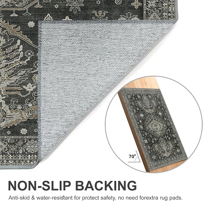 3x5 Area Rugs for Living Room, Machine Washable Rug Non Slip, Vintage Chenille Distressed Print Carpet, Large Low Pile Ultra-Thin Lightweight Rugs for Bedroom, Dining Room, Office Green Black