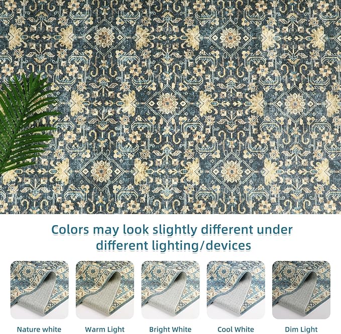 Dripex 6x9 Area Rugs, Machine Washable Non Slip Distressed Boho Rugs, Area Rug for Living Room, No Pile Lightweight Vintage Rug, Soft Accent Carpet for Dining Room,Bedroom,Navy Blue