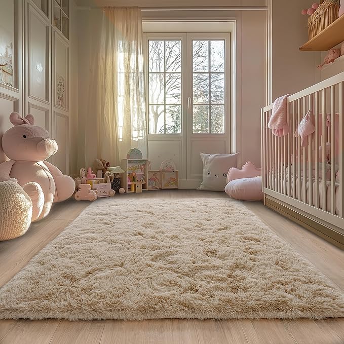 Beige Fluffy Rug for Bedroom 3x5 ft Small Rug - Ultra Soft & Non Slip Shaggy Area Rug, Comfy Durable Carpet for Living Room Kids Room Teens Dorm Home Decor, 1.7'' Thick Indoor Plush Carpets