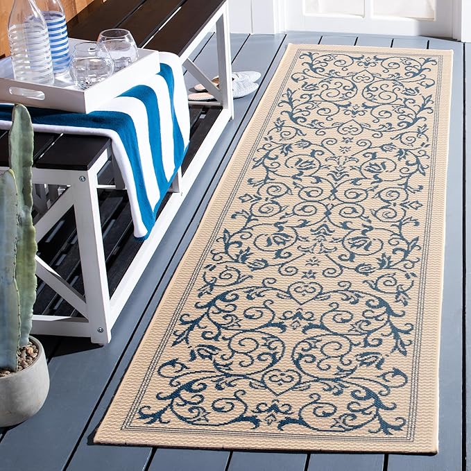 SAFAVIEH Courtyard Collection Runner Rug - 2'3" x 8', Natural & Blue, Scroll Design, Non-Shedding & Easy Care, Indoor/Outdoor & Washable-Ideal for Patio, Backyard, Mudroom (CY2098-3101)