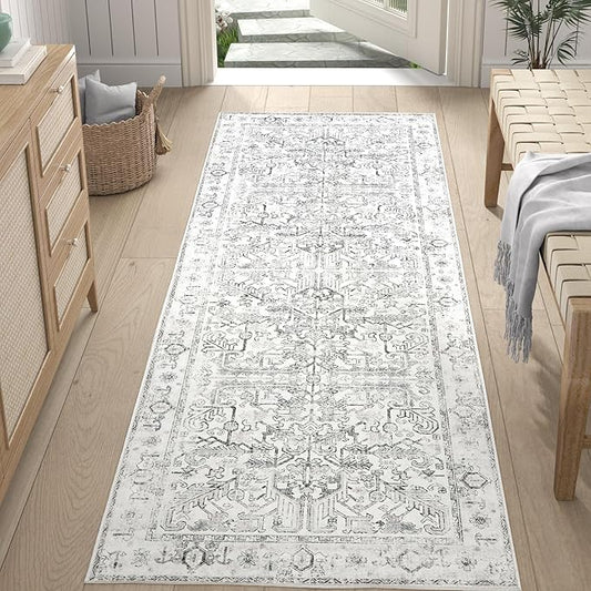 jinchan Runner Rug 2x6 - Vintage Hallway Machine Washable Rug Floral Non Slip with Rubber Backing Ultra-Thin Carpet Runner for Kitchen Bedroom Laundry Room Farmhouse Entryway (2x6ft,Grey)