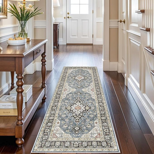 2x6 Runner Rug Washable: Non-Slip Oriental Carpet for Hallway Kitchen Entry - Farmhouse Low Pile Stain Resistant Long Thin Front Door Mat 2x6 Navy Blue