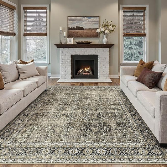 Vintage Area Rug 9x12 Brown Washable Living Room Large Carpet Non Slip Bedroom Indoor Office Low Pile Traditional Distressed Retro Accent Rug for Dining Room