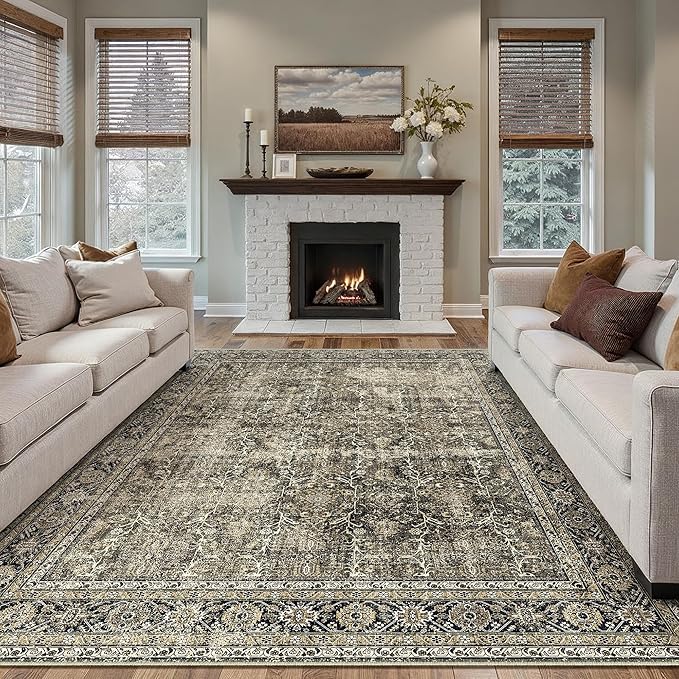 Vintage Area Rug 8x10 Brown Washable Living Room Large Carpet Non Slip Bedroom Indoor Office Low Pile Traditional Distressed Retro Accent Rug for Dining Room
