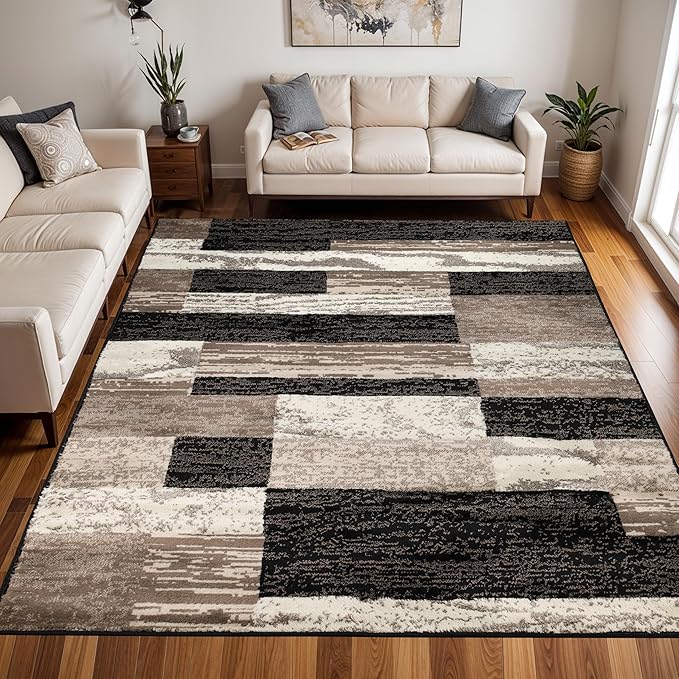 SUPERIOR Indoor Area Rug, Jute Backed, Modern Geometric Patchwork Floor Decor for Bedroom, Office, Living Room, Entryway, Hardwood Floors, Rockwood Collection, 9' x 12', Chocolate