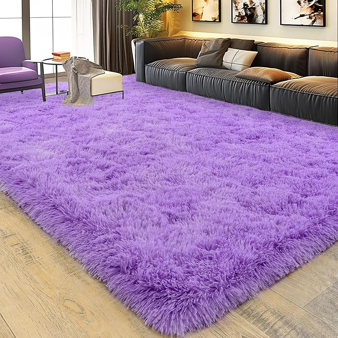 Ultra Fluffy Area Rugs for Living Room Bedroom, 6x9 Fuzzy Large Living Room Rugs, Thick Shag Rug for Dorm, Soft Non Slip Kids Girls Boys Rug for Home Decor Aesthetic, Purple
