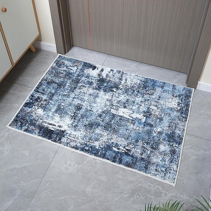 2x3 Rug Washable Boho Rug Soft Small Area Rug Abstract Pattern Non-Slip Non-Shedding Faux Wool Vintage Rug for Door Mat, Kitchen, Floor, Entryway, Powder Room, Blue