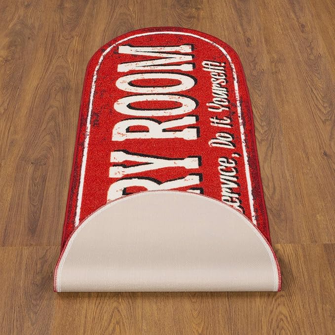 Machine Washable Text Design Laundry Room Rug Non-Slip Rubberback 2x5 Laundry Runner Rug for Laundry Room, Bathroom, Washroom, 20" x 59" Oval, Red