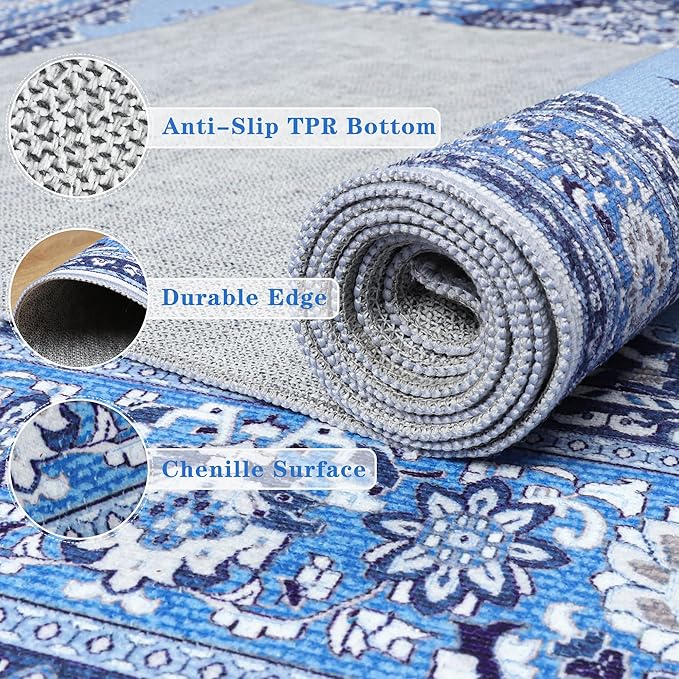 Tepook 2x6 Vintage Runner Rug - Low Pile Washable Non-Slip Carpet for Hallway, Kitchen, Bedroom, Entryway, Laundry Room, Bathroom - Indoor Throw Rug in Blue