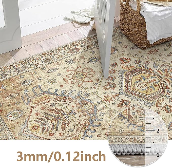 2x5 Runner Rug Non Slip, Machine Washable Rug Runners for Hallways, Vintage Distressed Print Kitchen Runner, Low Pile Lightweight Carpet Runner for Entryway, Laundry, Bedroom, Bathroom Light Brown