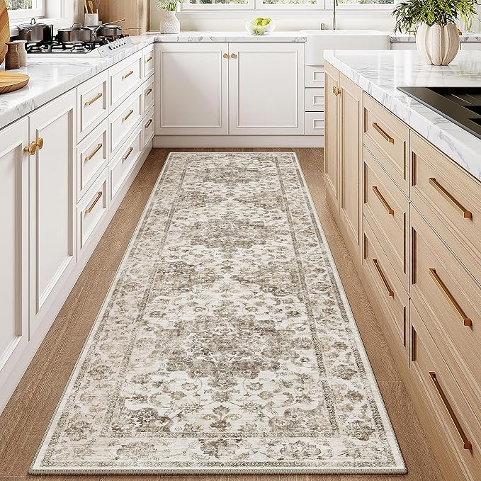 2x8 Washable Neutral Runner Rug Brown Hallway Kitchen Non-Slip Low Pile Floral Carpet Vintage Soft Thin Throw Rug for Bathroom Bedroom Entryway Laundry Dining Room