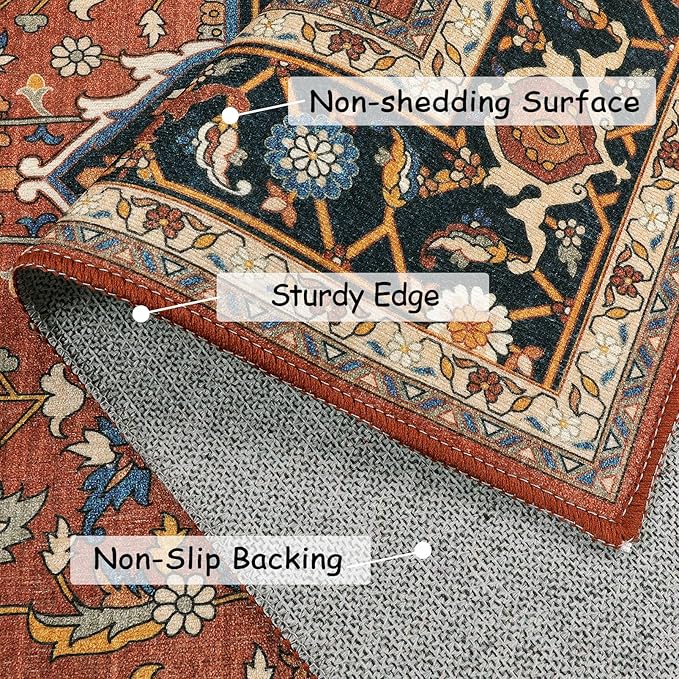 Moynesa Ultra-Thin Washable Oriental Area Rug - 3x5 Non-Slip Laundry Room Rug, Non-Shedding Stain Resistance Low Pile Kitchen Mat Indoor Throw Carpet for Fall Decor Bathroom, Brown/Multi
