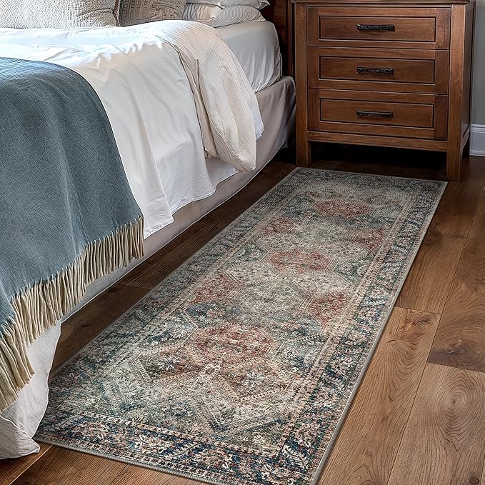 Bavni Clearance 2x5 Runner Rug Non Slip, Machine Washable Rug Runners for Hallways, Vintage Distressed Print Kitchen Runner, Low Pile Lightweight Carpet Runner for Entryway, Laundry, Bedroom, Red