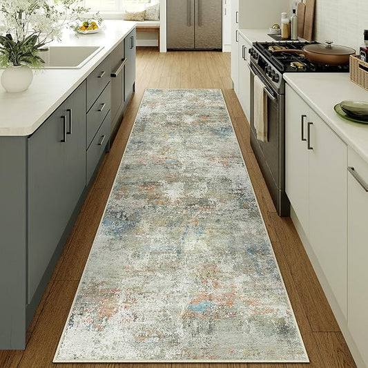 2x6 Runner Rug for Hallways Orange Grey Non Slip Washable Neutral Modern Abstract Indoor Rug Thin Soft Throw Low Pile Kitchen Carpet for Bedside, Bedroom, Bathroom, Entryway