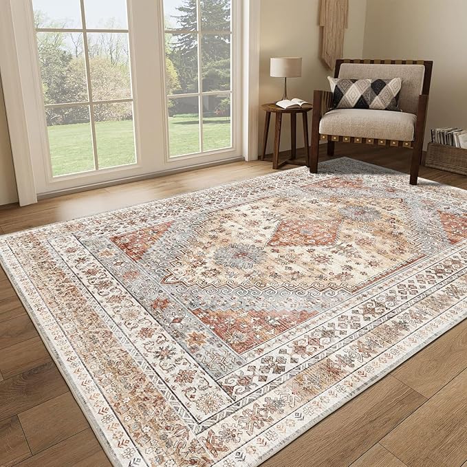 Rug for Living Room-Washable Area Rugs 5'x7' for Bedroom, Ultra-Soft Non-Shedding Faux Wool Vintage Design Boho Low Pile Mat Throw Carpet,Stain Resistant Rugs with Non-Slip Backing（Light Color）