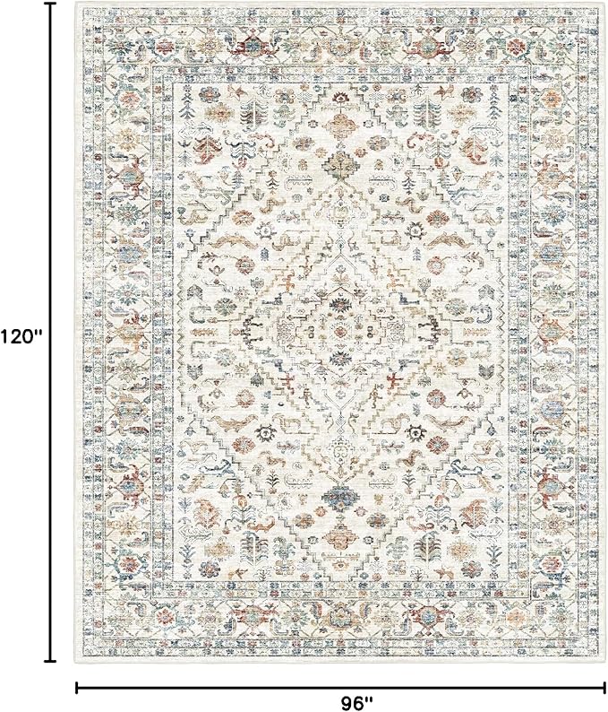 Area Rug 8x10 Washable Rug Cream Indoor Foldable Thin Retro Accent Area Rug Floral Non Slip Carpet Living Room Dining Room Office (Cream Base 8x10
