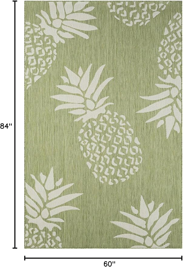 LR Home 5 x 7 Indoor / Outdoor Area Rug for Home Decor | Coastal Pineapples large size carpet for living room, bedroom, playroom, patio, garden | Modern farmhouse rug | Dark Green / Beige