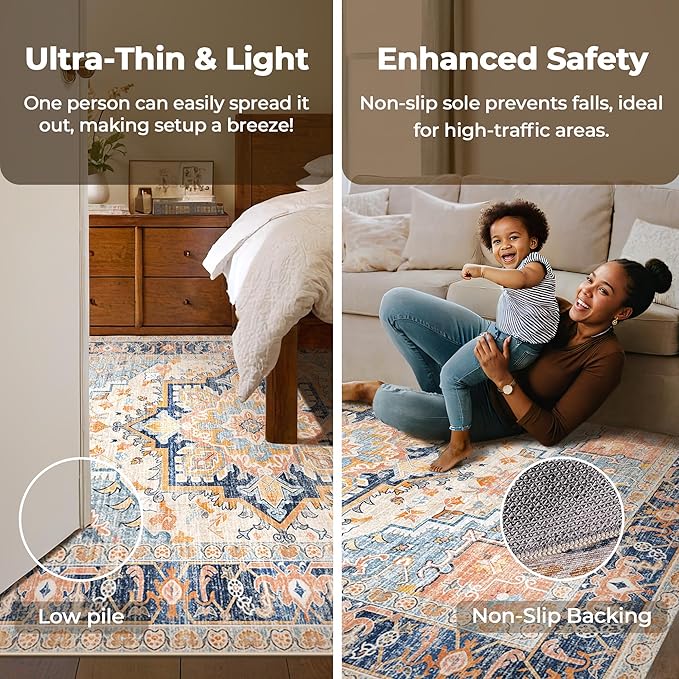 Washable Area Rugs 8x10 Living Room Boho Non Slip Thin Carpet Stain Resistant Vintage Multicolor Printed Oriental Distressed Rug for Bedroom Low Pile
