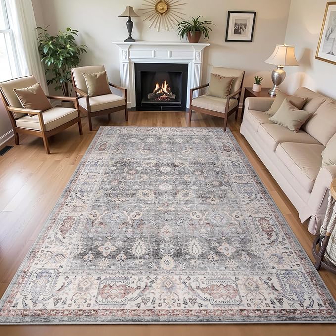 Carvapet Rugs for Living Room Bedroom, Vintage Low Pile Large Carpet with Rubber Backing, Non Slip Foldable, Machine Washable (9 x 6 Feet Rectangular, Grey/Pink Area Rug)