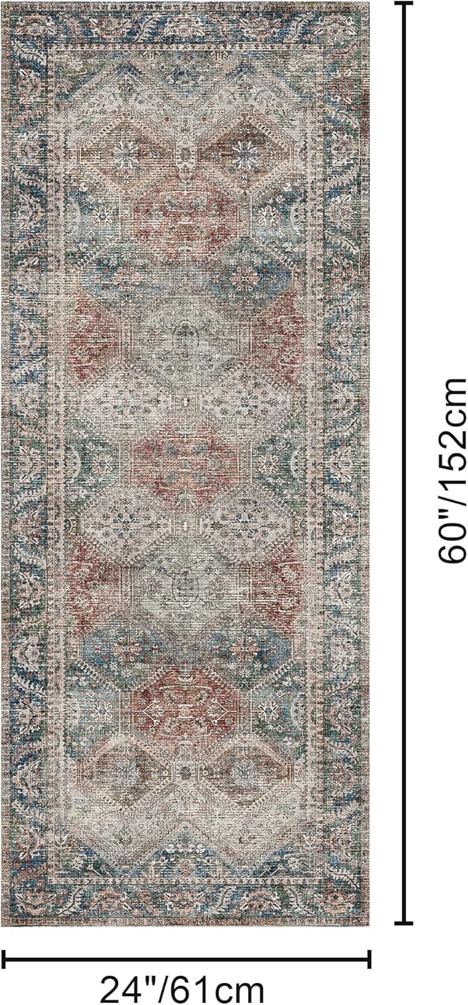Bavni Clearance 2x5 Runner Rug Non Slip, Machine Washable Rug Runners for Hallways, Vintage Distressed Print Kitchen Runner, Low Pile Lightweight Carpet Runner for Entryway, Laundry, Bedroom, Red