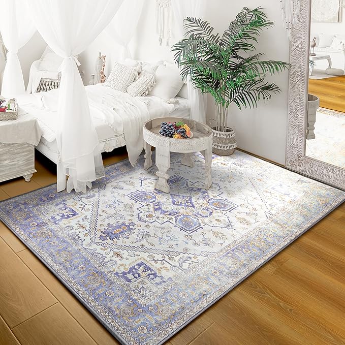 YJ.GWL Large Area Rug for Living Room, 5x7 Machine Washable Boho Rug for Bedroom, Low Pile Lightweight Thin Rugs Floral Vintage Distress Print Pattern Carpet for Dining Room, Cream/Blue