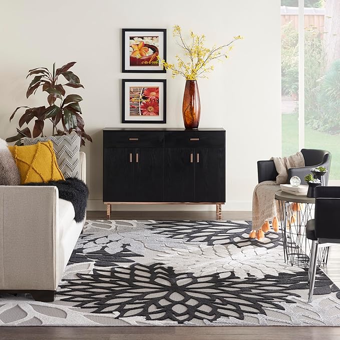 Nourison Aloha 114" x 156" Fabric Indoor/Outdoor Rug in Black/White Finish