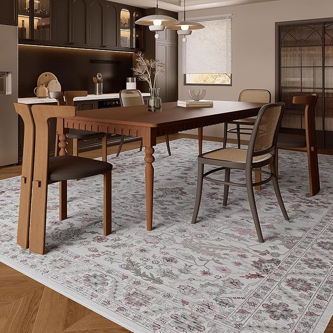 5x7 Rug, Washable Neutral Boho Modern Vintage Non Slip Floral Area Carpet, Low Pile Soft Rugs, Slip Resistance, Pet-Friendly, Durable Rug for Living Room, Bedroom, Kitchen, Dining Room