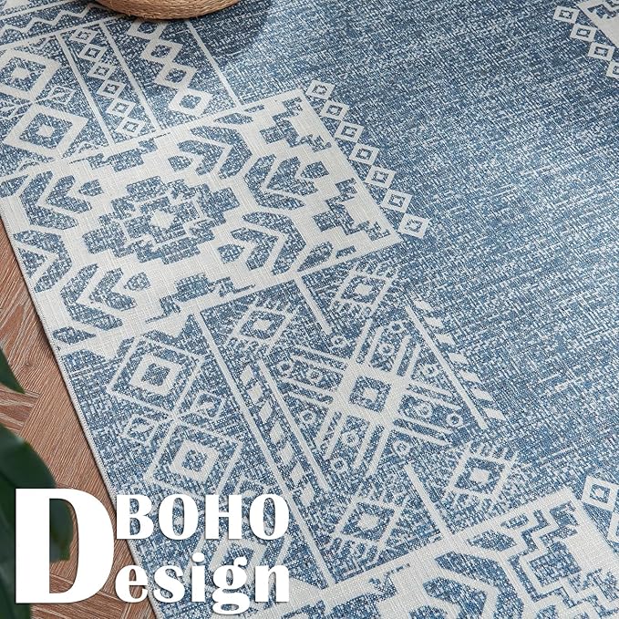 jinchan Area Rug 2x3 Ultra-Thin Door Mat Washable Vintage Boho Geometric Entryway Rug Non-Slip Non-Shedding Carpet for Bathroom Bedroom Laundry Room Blue Ivory