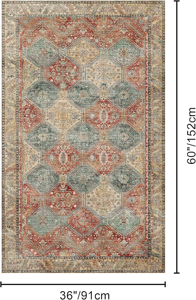 Bavni 3x5 Area Rugs for Living Room, Machine Washable Rug Non Slip, Vintage Chenille Distressed Print Carpet, Large Low Pile Ultra-Thin Lightweight Rugs for Bedroom, Dining Room, Office, Blue/Tan/Red