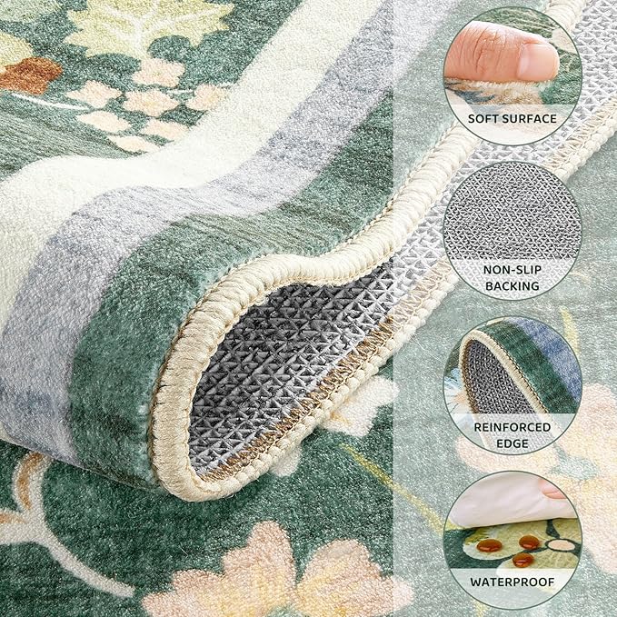 10x14 Area Rug Living Room Rugs - Washable Boho Vintage Floral Large Soft Non Slip Thin Rug Low Pile Carpet for Bedroom Dining Room Kids Playroom Office Decor Indoor- Green