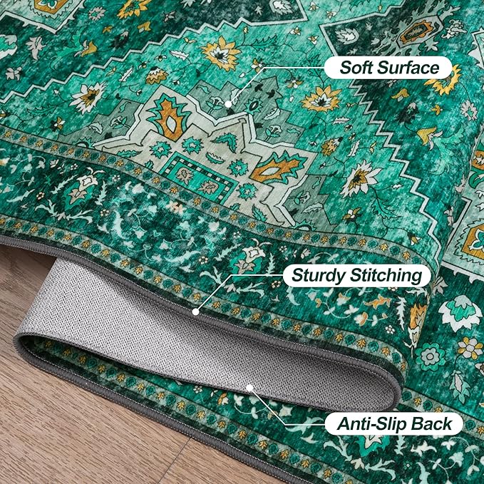 2.6x8 Washable Runner Rug for Hallways, Non Slip Vintage, Soft Low Pile Long Rug Runner, Print Distressed Emerald Carpet Runners for Kitchen Bedroom Entryway Bathroom Living Room