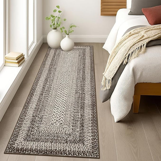 Imitation Braided Collection-Print Hallway Runner Rug 2x6 Non Slip Washable Area Rug, Soft Low Pile Farmhouse Rustic Carpet Foldable Indoor Mat for Laundry Room, Kitchen, Bedroom - Mocha