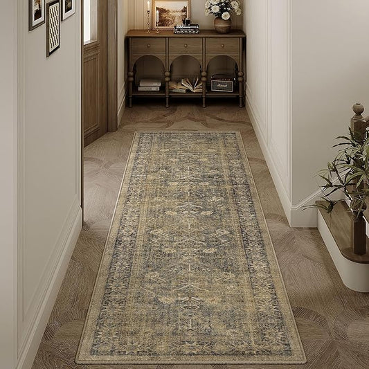2x6 Brown Black Area Rug Runners for Hallways Washable Vintage Distressed Carpet Low Pile Non Slip Indoor Retro Soft Long Accent Rug Bedroom Kitchen Bathroom Laundry Dining Living Room