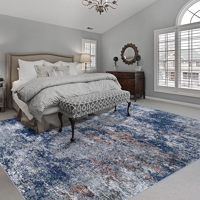 10x14 Area Rugs for Living Room: Large Machine Washable Area Rug with Non Slip Backing Non Shedding Abstract Stain Resistant Carpet for Bedroom Dining Room Nursery Home Office - Blue