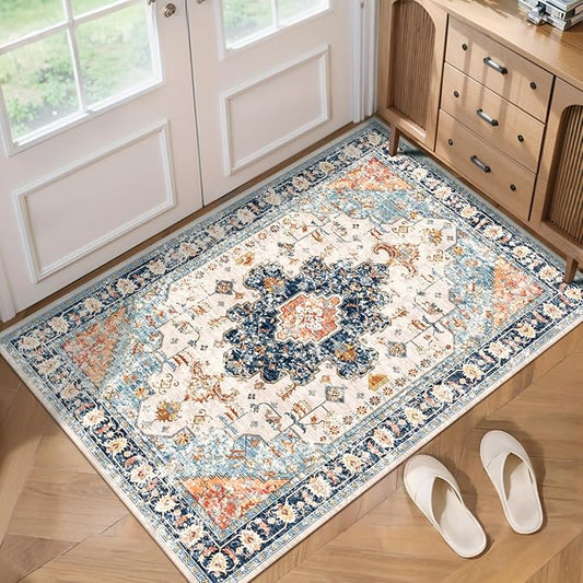 Vintage Rug 2x3 Washable Rug for Entryway, Non Slip Small, Indoor Front Door, Print Distressed Blue/Beige Door Mat Carpet, Soft Low Pile Rugs for Entrance Kitchen Bedroom Bathroom