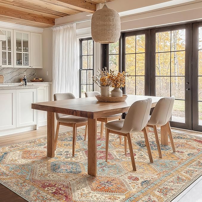 Bavni 8x10 Area Rugs for Living Room, Machine Washable Rug Non Slip, Vintage Chenille Distressed Print Carpet, Large Low Pile Ultra-Thin Lightweight Rugs for Bedroom, Dining Room, Home, Office, Orange