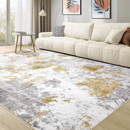 Washable Rug 9x12 Area Rugs for Living Room: Modern Abstract Neutral Soft Large Rug Bedroom Dining Room Under Kitchen Table Home Office Decor - Grey Gold