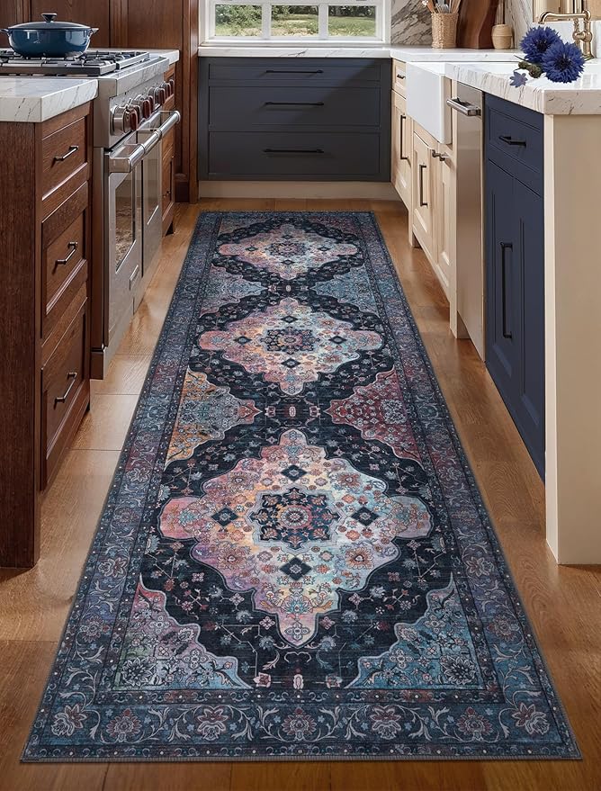 2.6x8 Washable Runner Rug for Hallways, Non Slip Vintage Runner, Soft Low Pile Long Rug Runner, Print Distressed Navy Carpet Runners for Kitchen Bedroom Entryway Bathroom Living Room