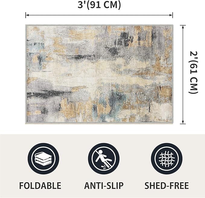 2x3 Washable Indoor Door Mat - Grey Multi Modern Abstract Rugs for Entryway, Soft Small Area Rug, Non-Slip Low-Pile Thin Door Mat for Inside Entry, Rugs for Indoor Front Entrance Kitchen