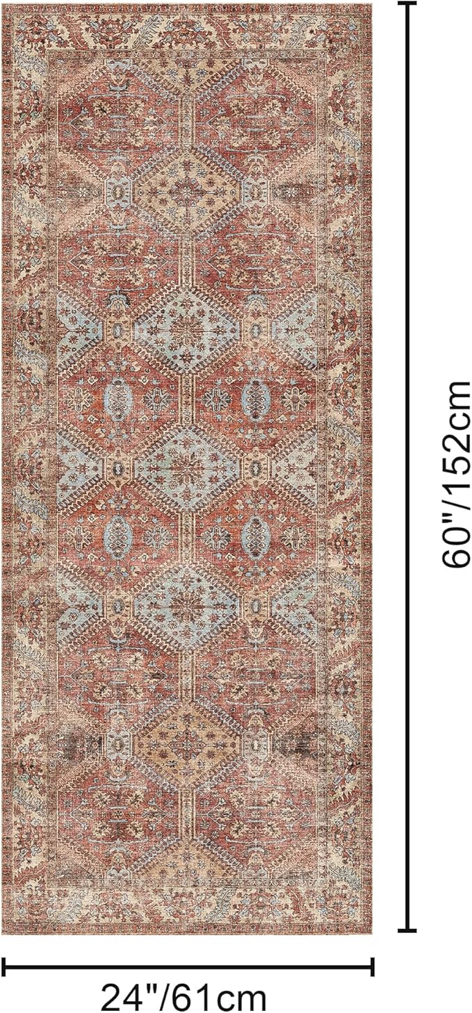 Bavni Clearance 2x5 Runner Rug Non Slip, Machine Washable Rug Runners for Hallways, Vintage Distressed Print Kitchen Runner, Low Pile Lightweight Carpet Runner for Entryway Laundry Bedroom, Spice Sky