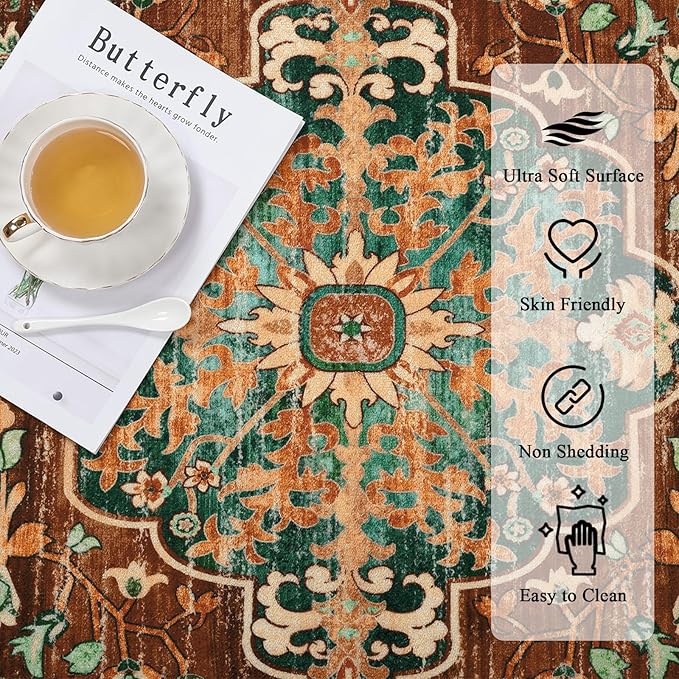 U'Artlines 2x3 Washable Boho Area Rug, Small Non Slip Vintage Doormat for Indoor Front Door Ultra Thin Mat Carpet for Entryway Kitchen Bathroom Bedroom Rust＆Teal