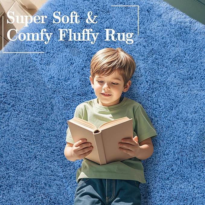 6x9 Fluffy Rugs for Bedroom Boys, Large Indoor Fuzzy Shag Area Rug for Living Room, Soft Shaggy Carpet for Kids Room, Non-Slip Thick Plush Rug for Nursery Dorms, Cobalt Blue