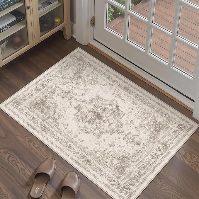 Area Rug 2x3 Washable Taupe Rug Vintage Boho Medallion Entryway Door Mat Entrance Distressed Retro Carpet Non Slip Low Pile Small Soft Doormat for Kitchen Bedroom Laundry Bathroom Hallway
