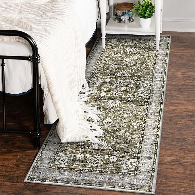 Runner Rug 2x6 Kitchen Runner Rug Washable Runner Printed Vintage Floral Rug Non-Slip Hallway Runner Distressed Boho Rug for Bedroom Laundry Room Doorway, Taupe