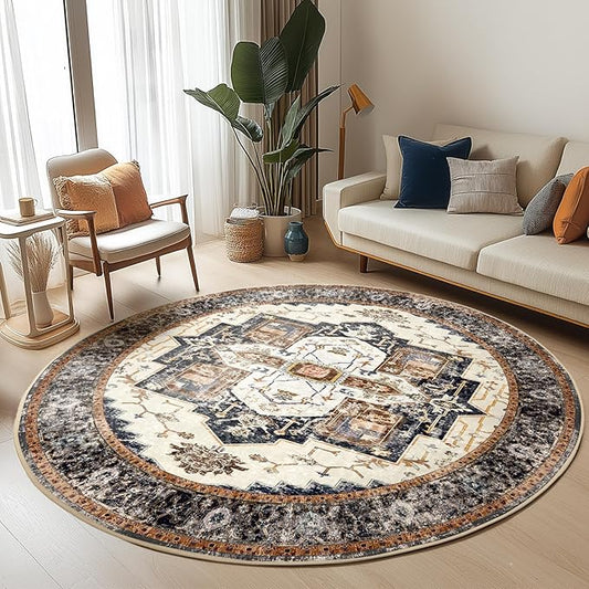 Washable 6ft Area Rugs, Rugs for Living Room, Low-Pile Water&Stain Resistant Carpet Vintage Distressed Printed Non-Slip Carpet for Bedroom Bathroom Kitchen-Light Yellow/Choco/Brown/Navy Blue