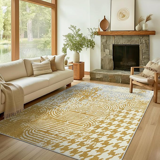 Bavni Area Rug, 6X9 Durable Rugs for Bedroom, Ultra Thin Non Shedding Rugs for Living Room, Anti Slip Backing Washable Rug, Stain Resistant Dining Room Rug (Yellow Blue)