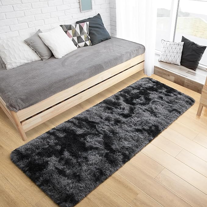Tepook Fluffy Runner Rugs for Bedroom Aesthetic 2x6 Feet, Shag Soft Bedside Rug with Non-Slip Bottom, Fuzzy Plush Carpet for Room, Hallway Rug for Nursery Dorm Indoor Home Decor, Tie-dye Dark Grey