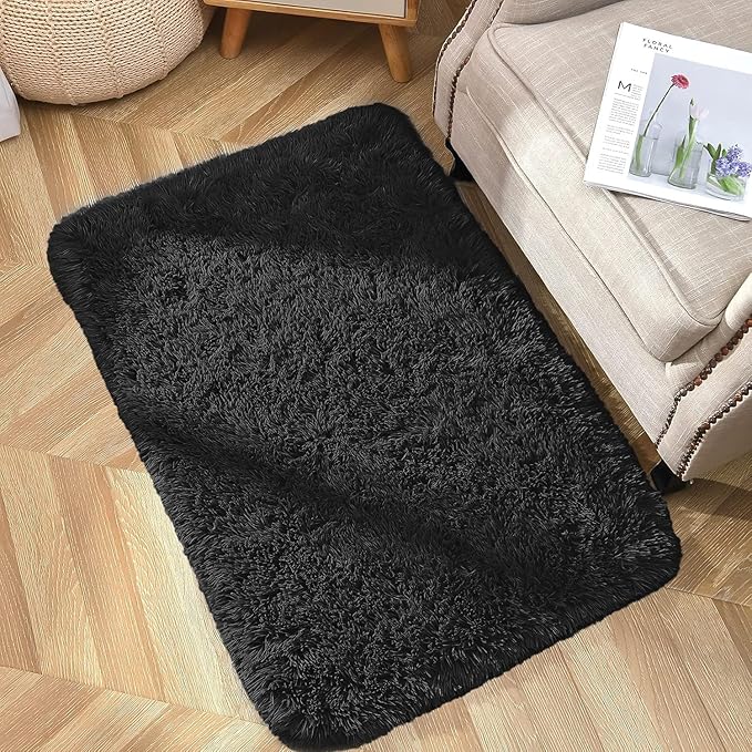 YJ.GWL Area Rugs for Bedroom, 2x3 Door Mat Washable Small Black Bedside Rug,Fluffy Shaggy Entryway Rugs for Living Room, Shag Indoor Floor Carpet for Kids Boy and Girls, Home Decor Aesthetic