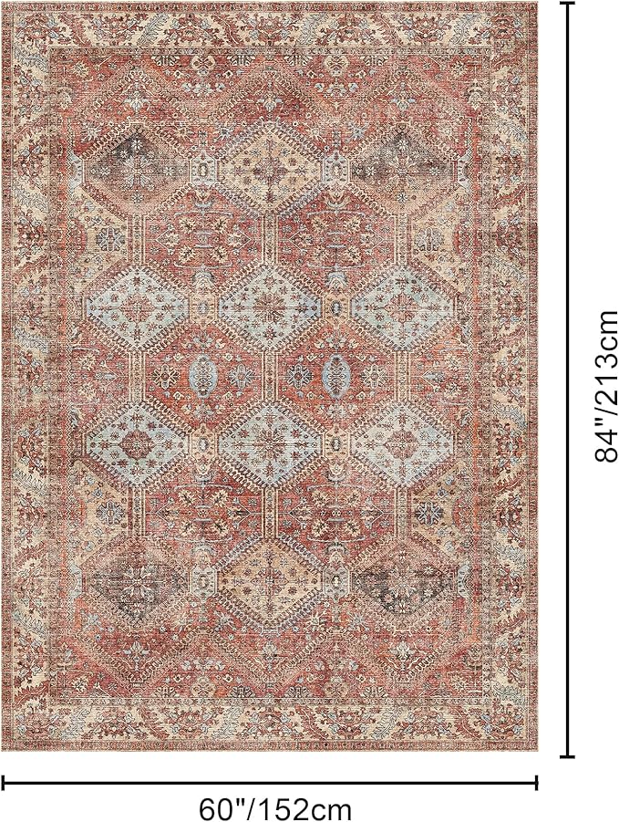 Bavni Clearance 5x7 Area Rugs for Living Room, Machine Washable Rug Non Slip, Vintage Chenille Distressed Print Carpet, Large Low Pile Ultra-Thin Lightweight Rugs for Bedroom, Dining Room, Spice Sky